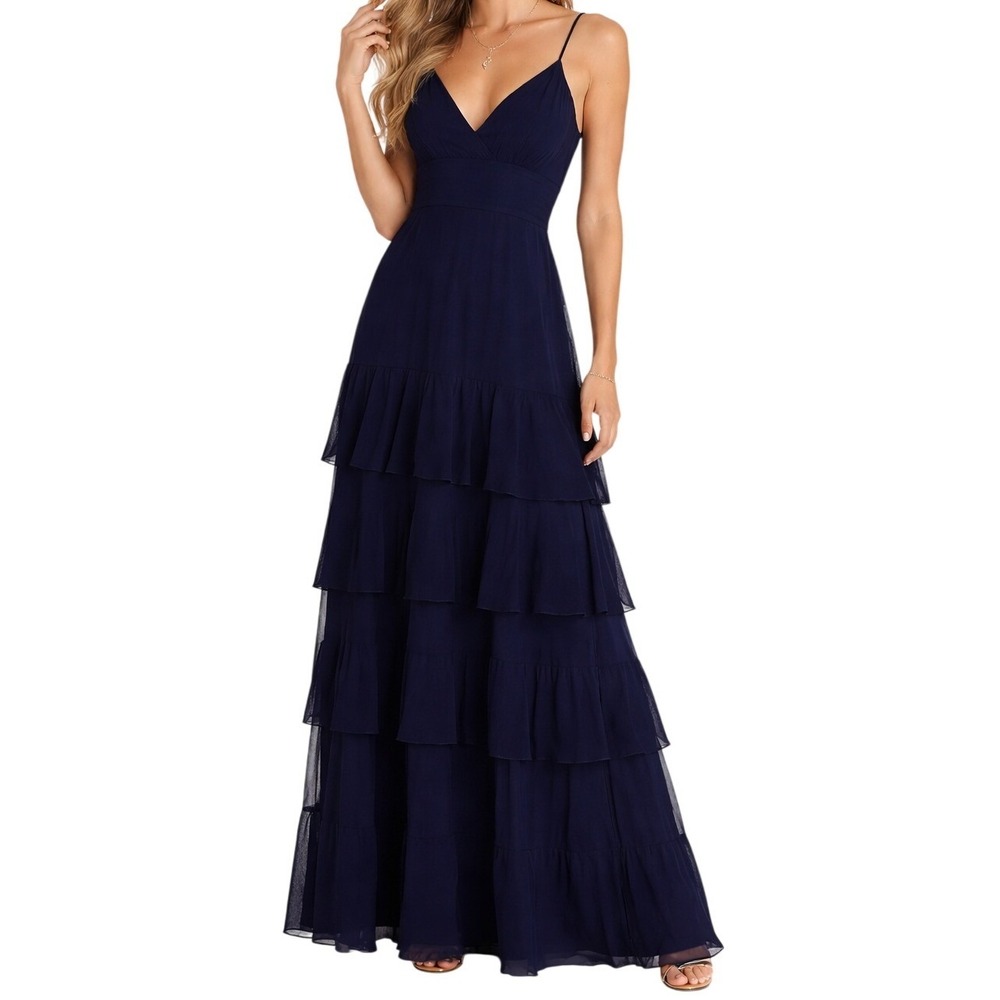 Fame & Partners Navy Tiered Maxi Dress Bridesmaid Formal Wedding Guest 12
